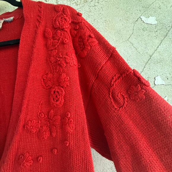 Vintage 90s Cardigan Floral Embroidered Red Sweater Women’s M Cottagecore Preppy - Picture 3 of 6